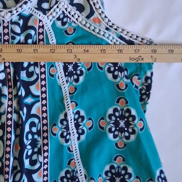 Crown & Ivy- Teal and Black Patterned  Boho Tank Top. Size M - Picture 7 of 8